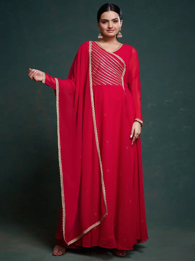Gorgeous Red Lace Work Georgette Function Wear Gown With Dupatta